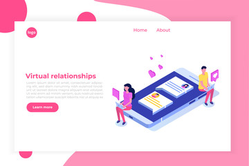 Virtual relationships, online dating, social networking concept. Vector isometric illustration.