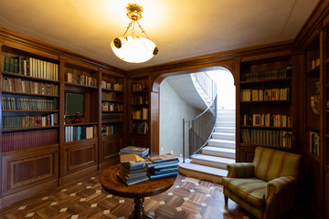 Private library in wood, classic style. Luxury. Marble stairs © alexandre zveiger