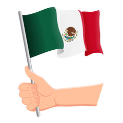 Hand holding and waving the national flag of Mexico. Fans, independence day, patriotic concept. Vector illustration, eps 10.
