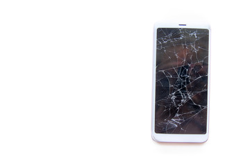 Mobile smartphone with broken glass screen isolated on white. copyspace fo text. Service, repair and technology concept.