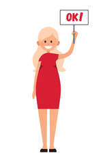 Front view animated character. Cartoon style, flat vector illustration of smiling girl with long blonde hair in red dress. Standing woman with plate in hand up. Choosing pose. Agree. Answer.