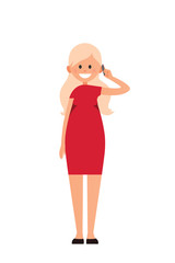 Front view animated character. Designer character. Cartoon style, flat vector illustration of smiling girl with long blonde hair in red dress. Standing woman with hand up. Woman talking on the phone