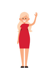 Front view animated character. Designer character. Cartoon style, flat vector illustration of smiling girl with long blonde hair in red dress. Standing woman with hand up. Greeting.