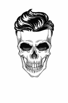Monochrome illustration barbershop of skull with, hipster haircut and on white background, cartoon, angry, beautiful, brutal.