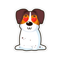 Dog emoji sticker, patch. Vector illustration. Cartoon Jack Russell Terrier. Cute pet cartoon. Cute dog Jack Russell. Flat style. Dog with hearts in eyes. Dog in love.