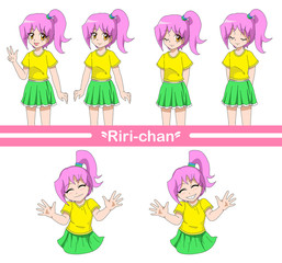 Anime girl with pink hair has various expressions