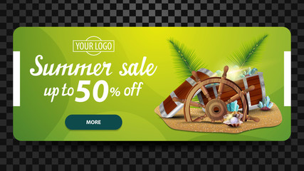 Summer sale, horizontal, minimalistic, discount web banner for your website with treasure chest, ship steering wheel, palm leaves, gems and pearls