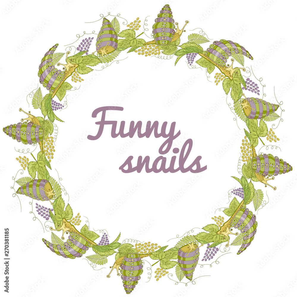 Wall mural Wreath of gold and violet grapes with leaves and cute snails. Decorative grapes with funny snails for your decorating.