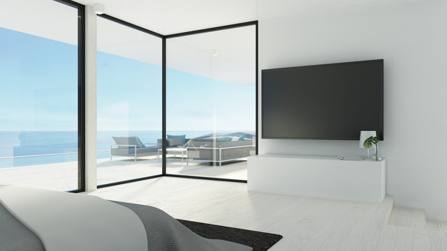 beach bedroom & tv wall / 3d rendering 