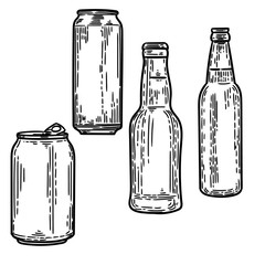 Vector hand drawn set of cans and bottles in the engraving style on white background.