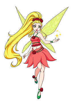Cute cartoon fairy with blonde long hair and yellow wings. Pink dress with red flowers.