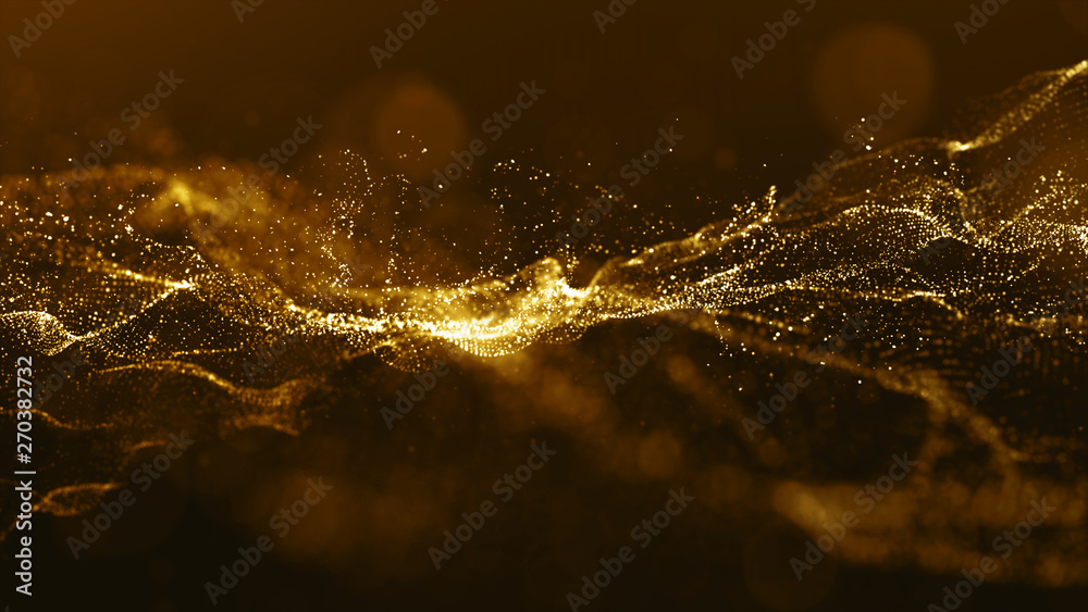 Wall mural abstract gold color digital particles wave with bokeh and light background