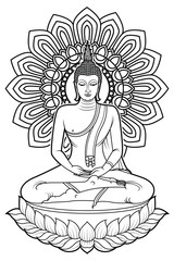 Line Draw Buddha sit on lotus with abstract star design