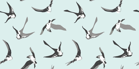 Blue vector repeat pattern with graphic black and white lark. Bird pattern. surface pattern design. Perfect for textile, gift wrapping and print projects.