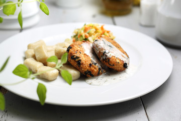 Vegetarian cooking. Meatless vegetable cutlet, healthy diet.