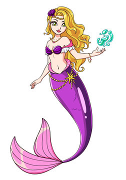 Cute mermaid vector design. Girl with blonde hair and violet fish tail. Hand drawn vector illustration.