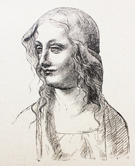 Sketch of woman by Leonardo da Vinci in the vintage book the History of Arts by Gnedych P.P., 1885