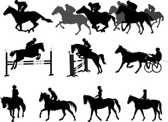 riding horses silhouettes set. equestrian sport and recreation - vector