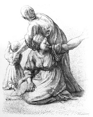 The sketch of sad women and child by Raphael in the vintage book the History of Arts by Gnedych P.P., 1885