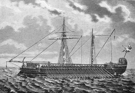 Classical trireme engraved in the vintage book the History of Arts by Gnedych P.P., 1885