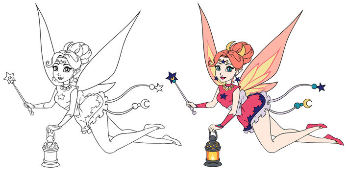 Pretty cartoon fairy holding lantern and magic wand. Contour hand drawn vector illustration for kid mobile games, coloring books, t-shirt design template etc.