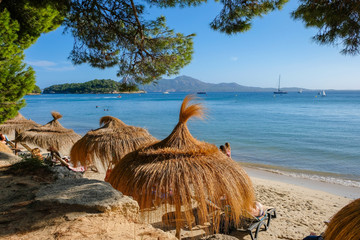 Amazing View of the beach in Formentor, Deck chairs and umbrellas, Majorca, Mallorca Island, Spain