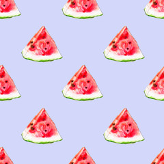 Watercolor seamless pattern from red juicy watermelon slicies. Sketch drawing. Food background, painted bright composition. Hand drawn food illustration. Fruit print. Summer sweet fruits and berries.