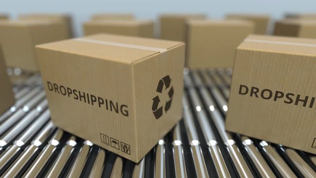 Carton boxes with DROPSHIPPING text move on roller conveyor. Loopable 3D animation