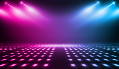 Obraz premium Background of empty stage show. Neon blue and purple light and laser show. Laser futuristic shapes on a dark background. Abstract dark background with neon glow