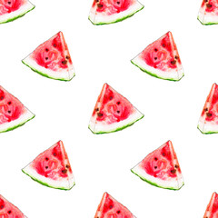 Watercolor seamless pattern from red juicy watermelon slicies. Sketch drawing. Food background, painted bright composition. Hand drawn food illustration. Fruit print. Summer sweet fruits and berries.