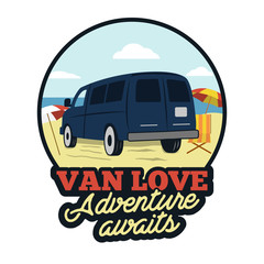 Van badge. Adenture awaits quote. Happy camper on the beach scene concept. Perfect for T-Shirt, mug, sticker. prints. Stock emblem isolated on white background.