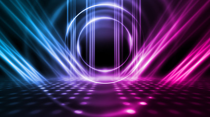Background of empty stage show. Neon blue and purple light and laser show. Laser futuristic shapes on a dark background. Abstract dark background with neon glow