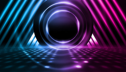 Background of empty stage show. Neon blue and purple light and laser show. Laser futuristic shapes on a dark background. Abstract dark background with neon glow
