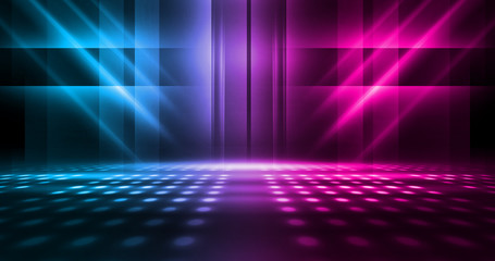 Background of empty stage show. Neon blue and purple light and laser show. Laser futuristic shapes...