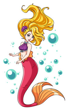 Cute mermaid vector design. Cartoon girl with blonde hair and pink fishtail. isolated on white background and bubbles.