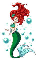 Obraz na płótnie Canvas Cute mermaid vector design. Cartoon girl with red hair and green fishtail. isolated on white background and bubbles.