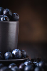 Blueberries in a Cup on a dark background. Summer and healthy food concept. Background with copy space. Selective focus. Vertical.