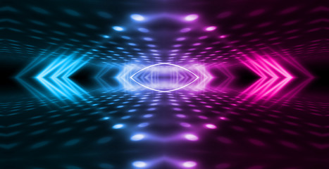 Background of empty stage show. Neon blue and purple light and laser show. Laser futuristic shapes on a dark background. Abstract dark background with neon glow