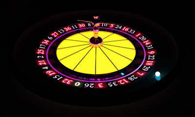 3d rendering of an isolated wooden casino roulette with golden decorations standing bent on one side. Casino games. Winning chance. Black or red betting