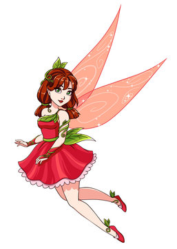 Beautiful cute fairy with red pigtails wearing pink dress. Hand drawn vector illustration.