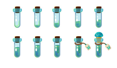 Set of different states of bottle with ocean blue elixir and shell. Illustration for mobile game interface.