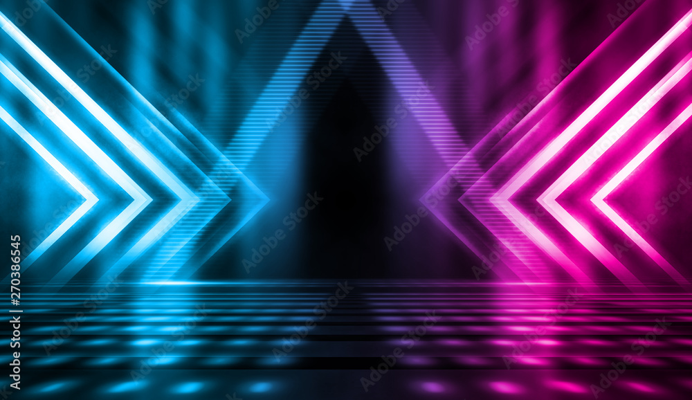 Poster background of empty stage show. neon blue and purple light and laser show. laser futuristic shapes o