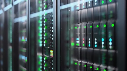 Camera slowly moving in data center showing server equipment with flickering light indicators, close up view. Seamlessly looped photorealistic 3D render animation. - Powered by Adobe