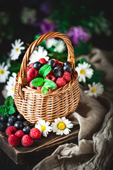 Raspberries and blueberries in a basket with chamomile and leaves on a dark background. Summer and healthy food concept. Selective focus.