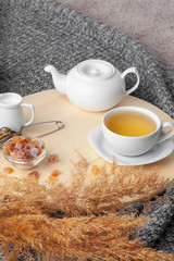 Tea time. Cup of tea on a beautifully decorated table