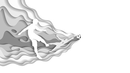 Paper cut football. Footballer kicks the ball into the goal. The goalkeeper catches the ball. Eps10 vector