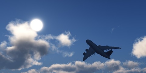 The plane will fly into the sky with clouds, 3D rendering