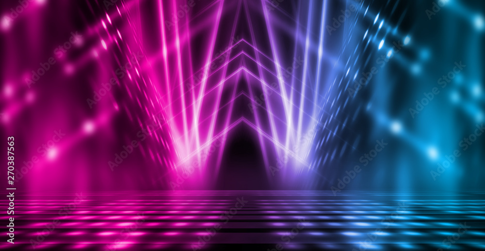 Poster background of empty stage show. neon blue and purple light and laser show. laser futuristic shapes o