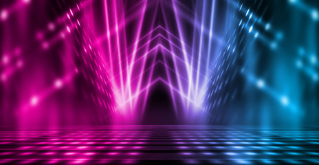 Background of empty stage show. Neon blue and purple light and laser show. Laser futuristic shapes on a dark background. Abstract dark background with neon glow - 270387563