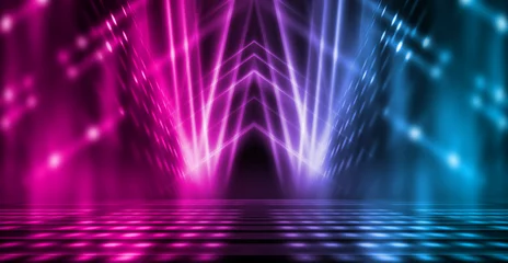 Fotobehang Background of empty stage show. Neon blue and purple light and laser show. Laser futuristic shapes on a dark background. Abstract dark background with neon glow © Laura Сrazy